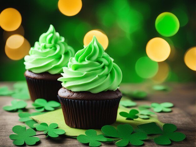 St. Patrick's Day cupcake met slagroom versierd met klaver op tafel met bokeh achtergrond