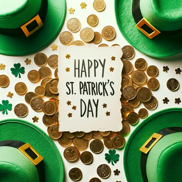 St Patrick's Day Flat Lay Green Hats Gold Coins with Central Empty Space