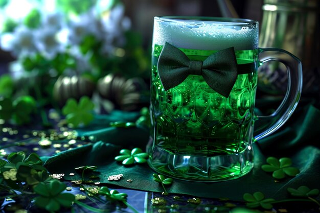 Foto st. patrick's day glas groen bier leprechaun strikje en klaver