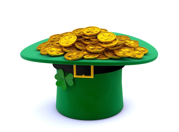 st. patrick's day. green leprechaun hat with clover inverted upside down and a lot of gold coins. isolated on white background. 3d render.
