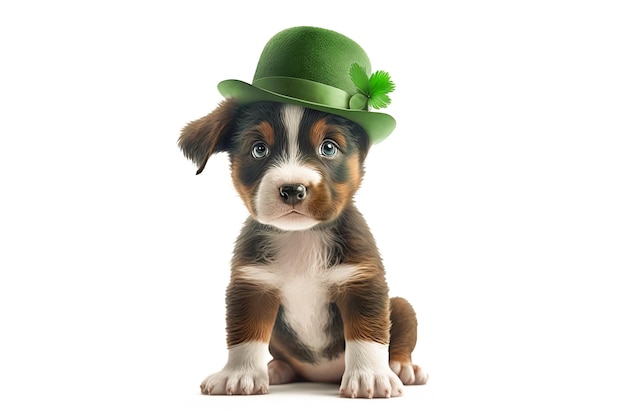 St patrick's day hond met groene hoed en kopie ruimte Leuke bruine hond met een groene hoed op een witte geïsoleerde achtergrond St Patrick's Day viering Generatieve AI