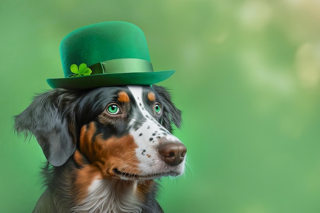 St. Patrick's Day-hond met groene hoed en kopie ruimte Leuke rode hond met een groene hoed op een groene achtergrond St. Patrick's Day-viering Generatieve AI