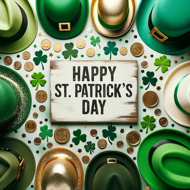 St Patrick's Day plat lag groene hoeden gouden munten met centrale lege ruimte