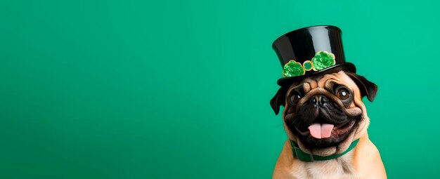 St. Patrick's Day Pug hond in een leprechaun hoed op een groene achtergrond St. Patricks day pug puppy hond zitten