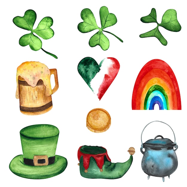 st patrick's day set green leprechaun hat, shoe, irish flag, coin, green clover