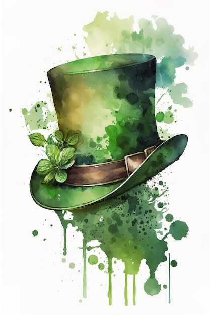 スタイルの聖パトリックの日、シャムロックのお祝いの精神のデザインの背景の水彩画と緑の帽子