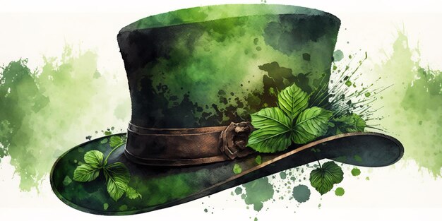 스타일의 성 패트릭의 날, 토끼풀 축제 영혼 디자인 배경 수채화와 녹색 모자