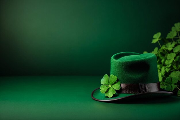 St. Patrick's Day vieren met een vleugje geluk groene hoed shamrocks en munten op een houten tafel foto van hoge kwaliteit