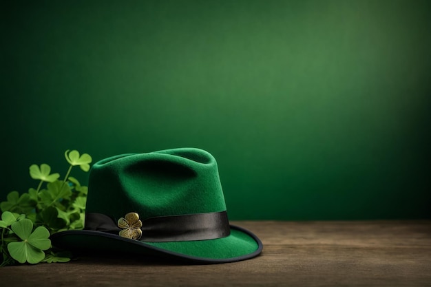 St. Patrick's Day vieren met een vleugje geluk groene hoed shamrocks en munten op een houten tafel foto van hoge kwaliteit