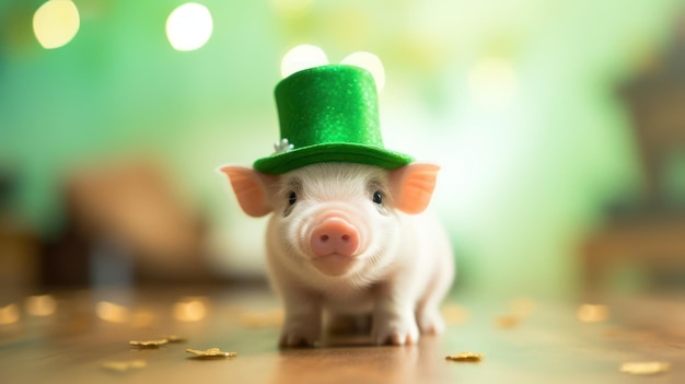 St Patrick's Leuk klein varken in een leprechaun hoed op groene achtergrond