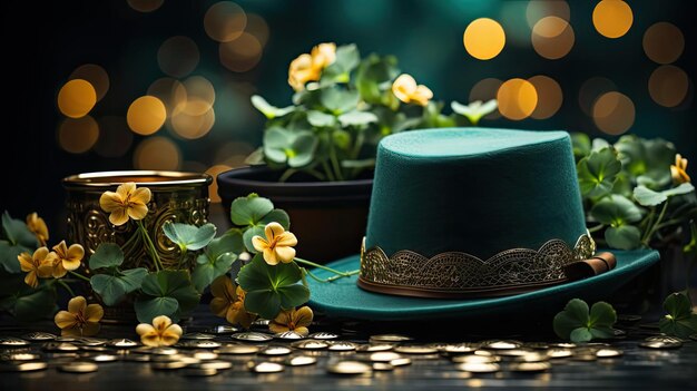 St Patrick39s background with hat ornaments gold coins and green leaves for banner or poster design