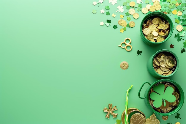 St patricks day background with golden pot and fourleaf clover