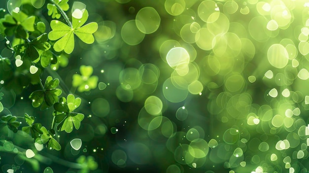 st patricks day background with green bokeh and shamrocks leaves background for design