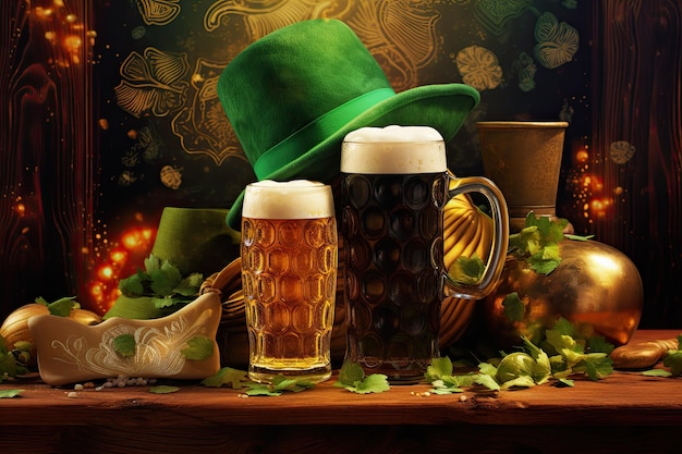 Фон Дня Святого Патрика с кружкой пива и зеленой шляпой