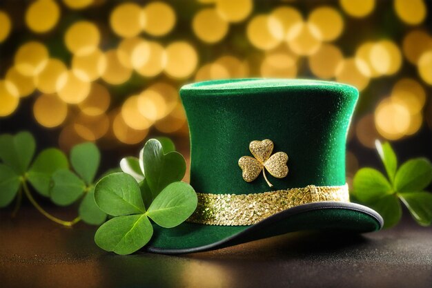 Foto st patrick's day banner con cappello verde irlandese oro e foglie di trifoglio