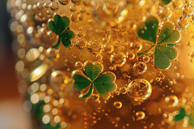 St patricks day beer close up of bubbles in a pint of beer with lucky four leaf clover