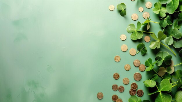 세인트 패트릭스 데이 카드 클로버 잎과 함께 녹색 배경 금 동전 텍스트 공간
