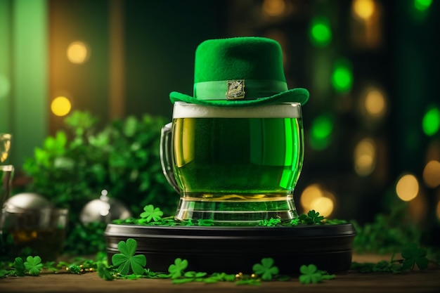 세인트 패트릭스 데이 축제 3D 렌더링: 초록색 배경에 있는 포디움 맥주 컵과 녹색 모자
