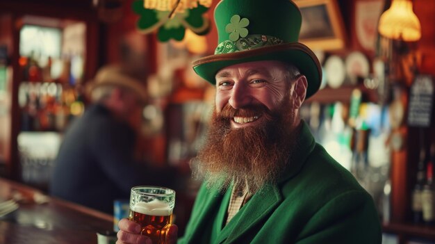 St Patricks Day Celebration bebaarde Man in feestelijk kostuum met bierglas in Vintage Pub