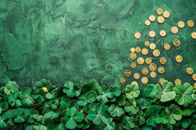セント・パトリック・デー (St. Patrick's Day) 祝賀コンセプト - 輝く金貨ラッキー・クローバー鮮やかな緑の背景