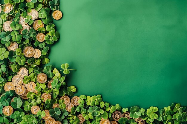 Foto celebrazione del giorno di san patrizio con monete d'oro luccicanti, trifoli fortunati, sfondo verde vibrante.