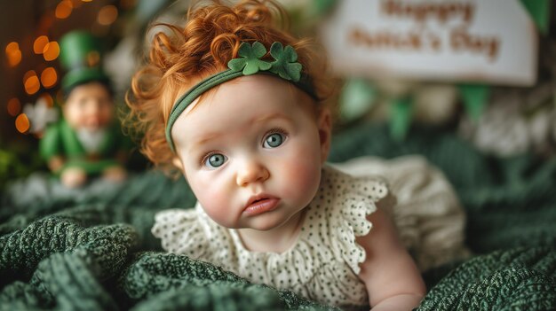 Photo st patricks day celebration cute baby with green accessories lying on a cozy blanket