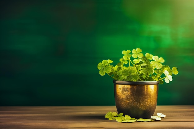 St patricks day clover plant in pot on wooden table against blurred green background