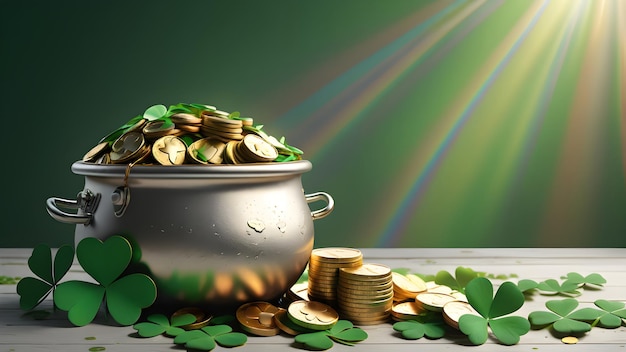 St Patricks day concept 3d Banner Pot with golden coins clover leaves green hat and rainbow