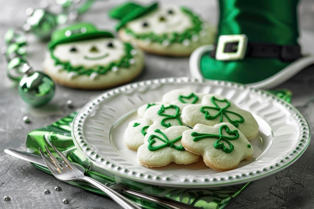 St Patricks Day cookies with shamrock designs on a white plate
