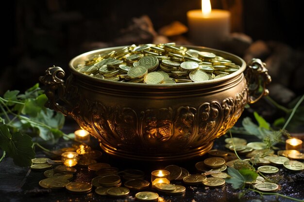 St Patricks day decoration with magic light rainbow pot full of emeralds and gold coins