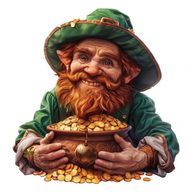 St Patricks Day design A red leprechaun holds a pot of gold