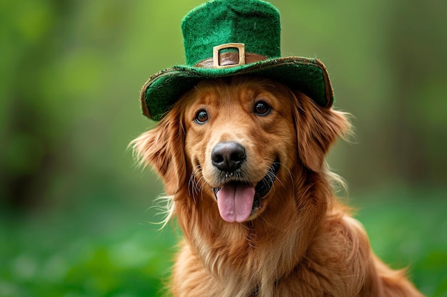 Foto cane del giorno di san patrizio con un cappello di leprechaun su uno sfondo verde