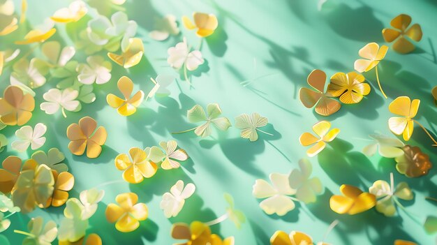 Photo st patricks day flat lay composition with four leaf clover paper art gold coins conf generative ai