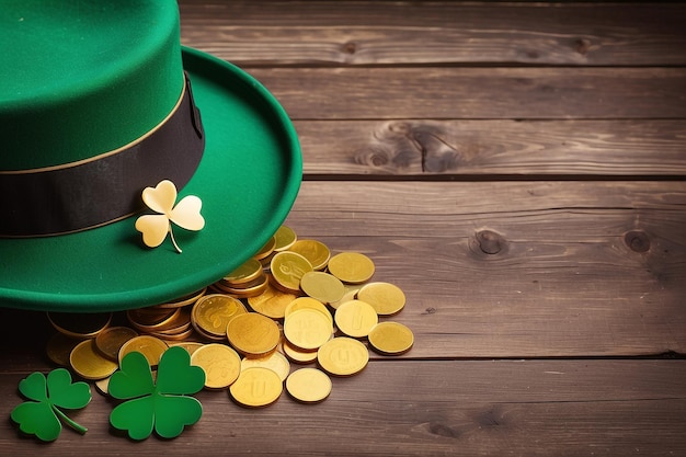 St Patricks Day Green Hat Gold Pot Wooden Background