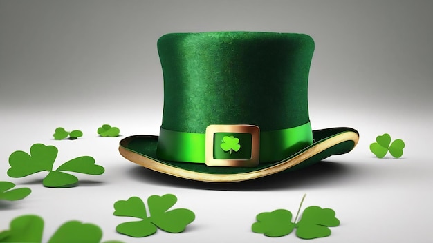 St patricks day green leprechaun hat with clover isolated on white background 3d render