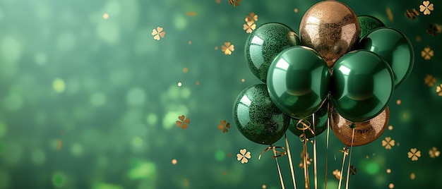 St Patricks Day greeting card with balloons on a green background with copy space for text