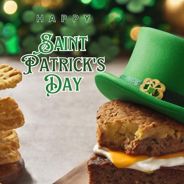 Foto cartolina di auguri per il giorno di san patrizio con biscotti, formaggio e cappello verde