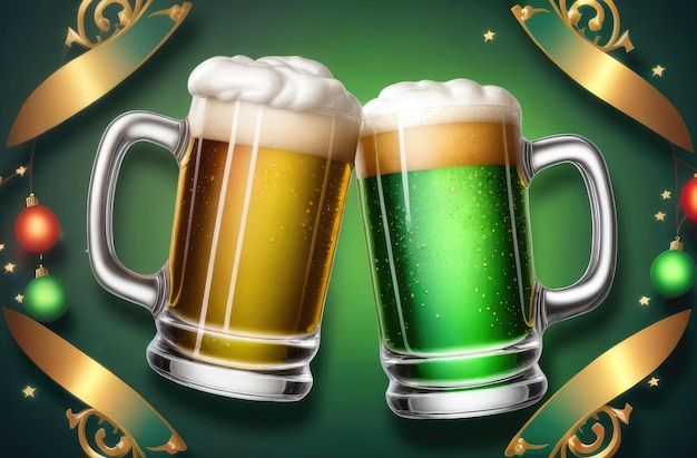 St Patricks day greeting card with ribbons two beer mugs clinking on green background