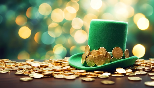 St Patricks Day hat and pot with gold coins on green twinkling background