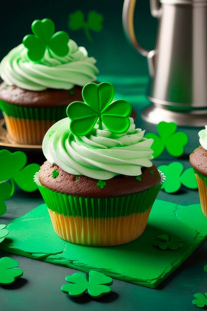 St Patricks Day homemade cupcake with sugar green whipped cream clover on stone background