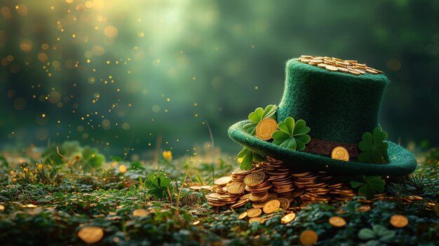 St Patricks Day leprechaun hat gold coins and shamrocks on green background