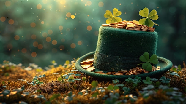St Patricks Day leprechaun hat gold coins and shamrocks on green background