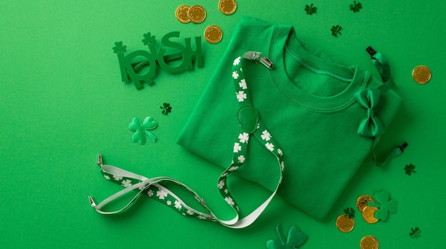 Foto st patrick's day outfit concept top panoramica foto di pullover verde occhiali da festa irlandesi sospensori papillon trifoglio monete d'oro e confetti a forma di trefoglio su uno sfondo verde isolato