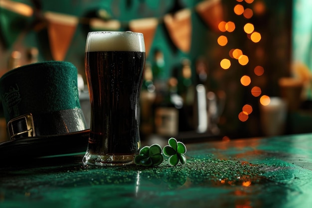 Foto festa del giorno di san patrizio la birra è sul bancone del bar l'interno del pub tone verde vista ravvicinata
