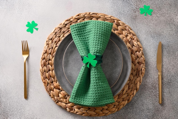 St patricks day party table setting with festive green decor