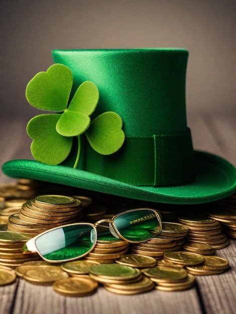 st patricks day photo glasses of green drink and heap of coins with paper shamrocks