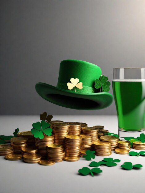 st patricks day photo glasses of green drink and heap of coins with paper shamrocks