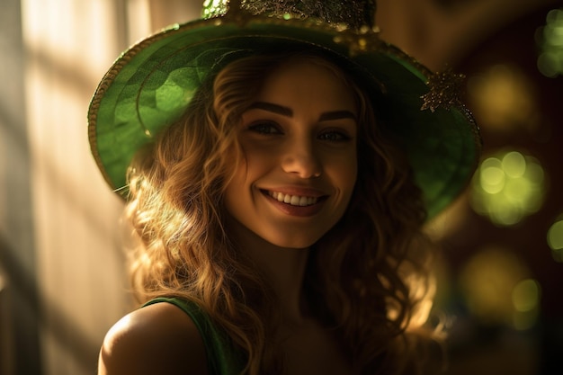 St Patricks Day Portrait of a beautiful young woman wearing a leprechaun hat