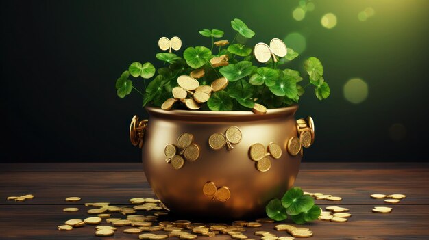 Photo st patricks day pot with gold coins on dark background