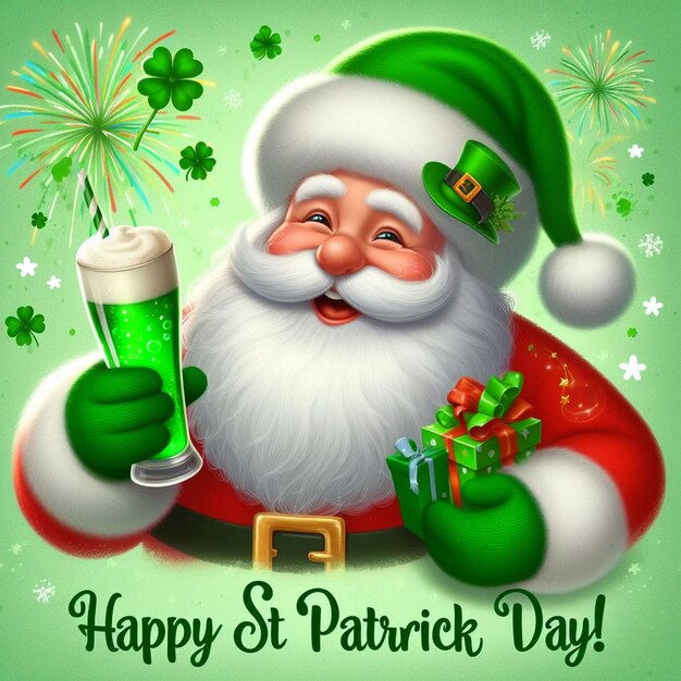 St Patricks Day santa wearing a green outfit with sparklers AI generated